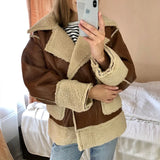 Women Lambswool Faux Leather Patchwork Jacket 2021 Autumn Fashion Ladies Thick Pocket Streetwear Female Brown