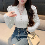Fashion Shirts Women Puff Loong Sleeve V Neck Autumn Winter Slim Lace Patchwork Crop Tops Female Sexy Elegant Blouse-Outfit