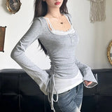 Solid Color Patchwork Stitching Side Long Sleeve Tee-Outfit