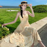 Toloer Summer Vacation Gentle Yellow Tune Dyed Flowers With Neck Flounce Print Skirt Beach