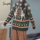 Simplee Chirstmas cute long sleeve sweater women winter Causal loose off shouler pullover autumn winter Boho red green