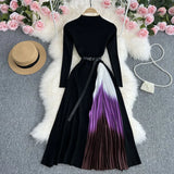 Toloer Knit Splicing Dress Simple Temperament Round Collar Long Sleeve Gradient Slim Thin Long Skirt