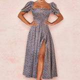 Toloer Women's New Floral Square Collar Sexy Slit Big Swing Autumn And Winter Dress
