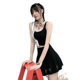 Toloer Personality Splicing Contrast Color Print Outside The Top Female Ins Inside The Lace Female Student Sling Shirt Tide-Outfit