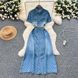 Familiar Style Niche Fashion Short-Sleeved Wave Dot Denim Dress Women's Waist Thin Temperament Elegant A-Word Shirt