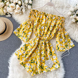 Boho style off shoulder sexy floral print Jumpsuit lace up Women Short Summer high waist Playsuit flare sleeve Beach