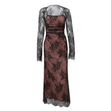 Toloer Lace Temperament Closed Waist French Dress Vest Hook Flower Long Sleeve Sling Advanced Even-Outfit