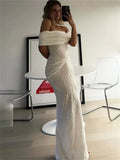 Knit Off-Shoulder Pleated Wrap Maxi Dress-Outfit