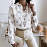 Pocket Letter Print Shirt Blouse Women New Arrival 2023 Button Long Sleeve Shirts Top Spring White Office Slim Tops Femme-Outfit