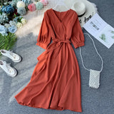 Vintage V Neck Autumn Midi Long Bandage Dress Party Vestido De Festa Evening Women Casual High Waist Elegant A-Line