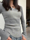 Ribbed Patchwork V Neck Slim Long Sleeve Knit-Outfit