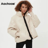 Aachoae Women PU Faux Leather Parka Coat 2021 Winter Zipper Hooded Padded Jacket Female Long Sleeve Pockets Thick Warm