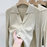 Sense Of The Small V-Neck Long-Sleeved Knitted Shirt Women's Autumn And Winter New Half-Opened Collared Blouse Bottom
