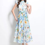 Slicing Hollow Lace Splicing Small Flying Sleeves To Close The Belt With Thin Temperament Single-Drace Printed