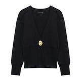 Temperament Metal Button Knitted Cardigan 2025 Spring Long Sleeve V Collar Short Coat
