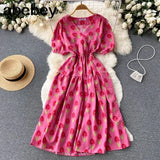 Sweet Floral Dresses Women V Neck Puff Sleeve Print Boho Beach Dress Summer Bohemian Print A-line Midi Dress