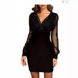 Toloer Women's New Mesh Patchwork Sexy Vintage Elegant V-Neck Party Club Dress-Outfit