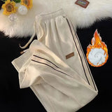 Striped Corduroy Sweatpants Women Winter Thick High Waist Drawstring Wide Leg Trousers Y2K Korean All-Match Straight Pants-Outfit