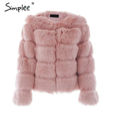 Simplee Vintage fluffy faux fur coat women Short furry fake fur winter outerwear pink coat 2018 autumn casual party