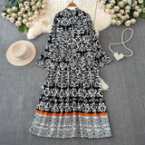 Light Extravagant Temperament Horn Long Sleeved V Collar Loose Thin Single Breasted Printed Dress Elegant Long Skirt-Outfit