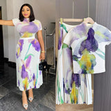 Fashion Set Women's Summer French High-Grade Folding Print Short-Sleeved Top + Loose A Word 100-Fold Long