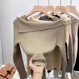 Word Shoulder Knitted Bottom Sweater Underwear Sweater Autumn And Winter Minority Design Chic Short Blouse-Outfit
