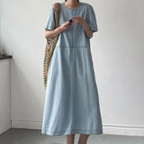 Toloer Chic Summer Retro Temperament Round Collar Bright Line Design Sense Loose Casual Short-Sleeved Denim Dress Female-Outfit