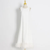 Toloer New Spring 2024 Round Collar Sleeveless Hem Stitching Feather Dress-Outfit