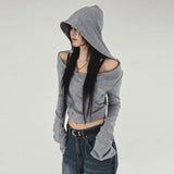 Toloer Girl Waste Dirt Solid Color Off-The-Shoulder Hooded Sexy Knit T-Shirt Female Casual Versatile Loose Long-Sleeved Top-Outfit