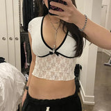 / Summer 2024 Girl Wind Lace Stitching Sexy Short-Sleeved T-Shirt Women's French V-Neck Bow Crop New Top-Outfit