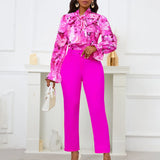 New Fashion Print Strap Long-Sleeved Top High-Waisted Trousers
