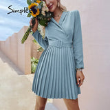 Simplee Elegant v-neck A-line pleated midi dress women green Office long sleeve belt blazer dresses Casual female vestidos