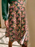 Elegant Vintage Green Long Skirt High Waist Print Skirt Seaside Holiday Pleated Skirt Split Elegant Floral Skirt