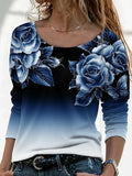 Long Digital Printing Sleeve Loose Neck Casual Pullover Print