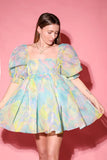 Printed Square Collar Lantern Short High Waist Sleeve Women's Backless Puffy