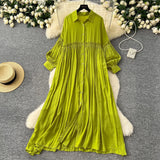 Retro Casual Dress Women's 2025 Spring Folding Lantern Sleeve Casual Loose Single-Dripple Shirt Long