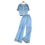 Fragrant Breeze Sleeze Sleeze Round-Neck Collar Knitted Top Women High-Waisted Leisure Broad-Legged Pants Summer