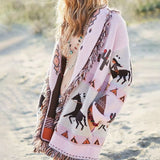 Boho 2021 Autumn Winter Sweater Jacket Women Lapel Tassel Jacquard Long Sleeve Cardigan Bohemian Retro Long Sweater