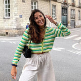 2022 Cardigan Top Women Autumn French Fashion Stripe Patchwork V-neck Hollow Knit Sweater Female Single-Breasted Short