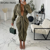 Women Solid Casual Chic Button Sashes Long Sleeves Shirring Maxi Sexy Dresses-Outfit