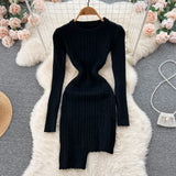 Irregular Solid Knitted Short Dress O Neck Long Sleeve Fashion Bodycon Dress Women Winter Streetwear OL Warm