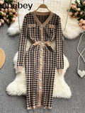 Women Elastic Knitted Dress Long Sleeve O Neck Button Belt Slim Sheath Dresses Autumn Sexy Bodycon Split Short