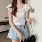 Edge French Style Collar Short Sleeve Small Knitted T-Shirt Girl Summer Sweet Niche Care Machine Short