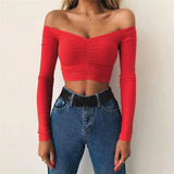 Toloer 2024 Winter Women's Long Sleeve One Word Shoulder Slim Crop Short T-Shirt A Hair-Outfit