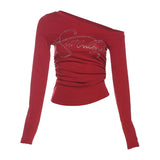2025 New Women's Clothing Sexy Hot Girl Slanted Shoulder Hot Diamond Body Slim Thin Irregular Top