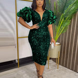 Sexy V-Neck Pile Sleeve Dress High-Waist V-Back Party Slit Dress Dresses
