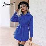 Simplee Elegant royal blue pocket sashes women winter parka Office shirt collar fashion quilted coats Za casual coat jacket