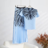 Fashion Set Women's Summer French High-Grade Folding Print Short-Sleeved Top + Loose A Word 100-Fold Long