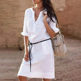 Summer Elegant Linen Dress Homewear Long Sleeve V-neck Holidays Vacation Beach Casual Solid Dress With