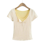 Trendy Women's Dress Is Sweet And Pure To Make Waves, Slim Short-Sleeved T-Shirt, Short-Style Navel Top + Small Suspenders Inside.-Outfit